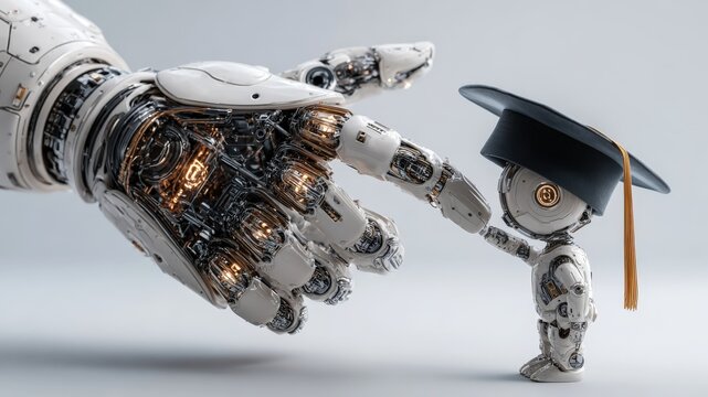 Robot hand offers graduation cap to student figure, emphasizing AI's role in education