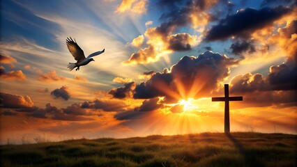 A powerful christian symbol of a cross stands silhouetted against a dramatic sunset sky with rays of light and a bird soaring, representing faith, hope, and spirituality