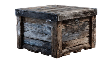 Rustic, weathered wood box with metal fixtures and aged planks.