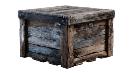 Rustic, weathered wood box with metal fixtures and aged planks.
