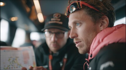 Medium shot focused on a rider discussing race tactics with a data analyst digital charts softly blurred behind capturing the algorithmdriven strategy session inside a cycling team