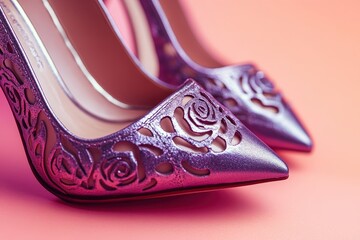 Close-up of elegant, purple high-heeled shoes.