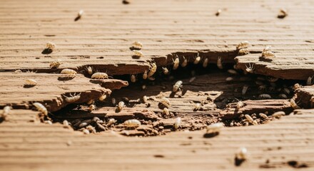 Obraz premium Termites swarming damaged wood, creating splintered texture in bright daylight