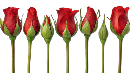 Six red rose blossoms in various stages of bloom on black background