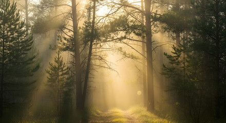 Fototapeta premium Golden sunlight streams through a misty forest path, illuminating tall trees.