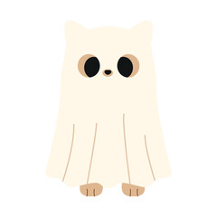 Adorable cat in a ghost costume, with cute eyes peeking through the fabric and small paws showing. Vector baby cat mascot with cozy Halloween vibe, perfect for stickers, cards, and seasonal decor.