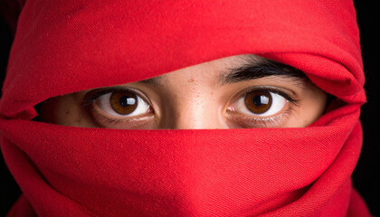 Curious Brown Eyes Behind Red Scarf