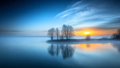Fototapeta premium Winter Silence on a Misty Lake at Dawn, Serene Reflection of Trees and Sunrise Colors in Water