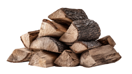 Stack of cut firewood, showing bark and wood grain, on dark background