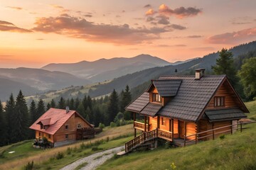 Obraz premium Cozy wooden cabins nestled on a hillside at sunset with mountain views