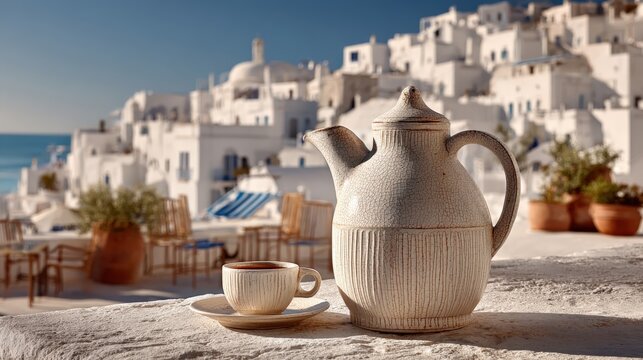 Ceramic botijo jug filled with Picual olive oil against Andalusian haciendas