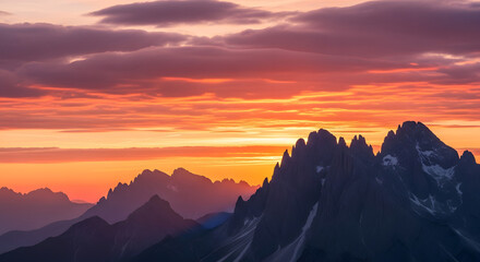 Dramatic sunset paints vibrant hues across majestic mountain peaks.