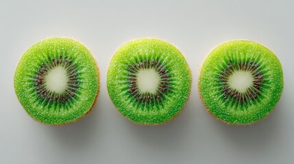 Three kiwi slices, close up, showing seeds and green flesh, aligned horizontally