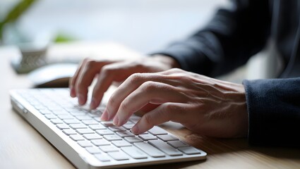 Closeup, business woman working on desktop computer. Corporate business woman hand typing on keyboard, searching the information, surfing the internet on office table, remote work, business background