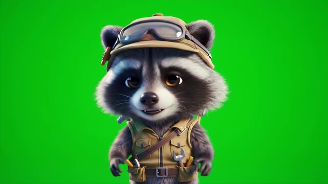 Animated Raccoon Character with Aviator Goggles and Tan Vest on Green Screen Background  Adorable Procyon Lotor Mascot in Cartoon Style Perfect for Children's Content and Easy Compositing Stock
