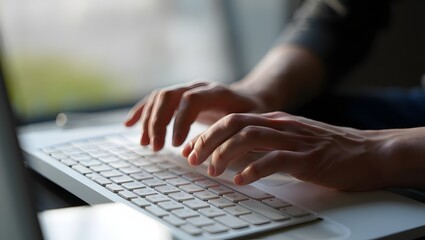 Fototapeta premium Closeup, business woman working on desktop computer. Corporate business woman hand typing on keyboard, searching the information, surfing the internet on office table, remote work, business background