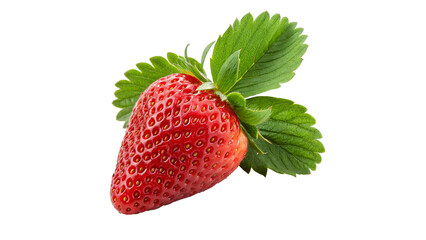 A perfectly ripe and vibrant red  fresh strawberry with green leaves isolated on transparent background