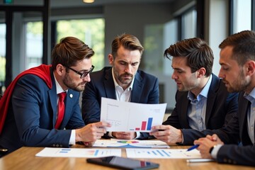 Superhero-clad professionals dissecting financial data in a boardroom meeting.