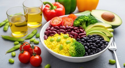 Ai generated image of healthy vegetable bowl with beans, avocado, broccoli, rice, and tomatoes