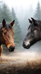 Fototapeta premium Two horses face each other in a misty forest during early morning light, showcasing their bond and curiosity