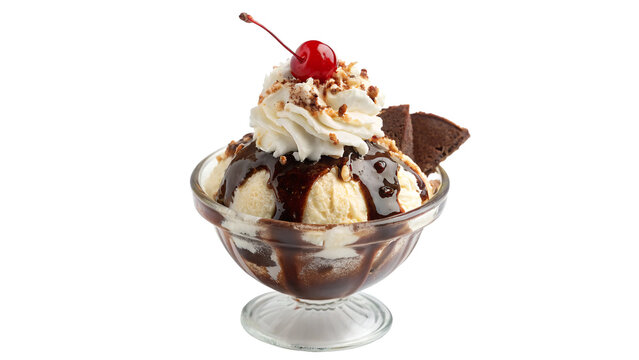 Dessert made of ice cream, chocolate syrup, whipped cream in a glass bowl on a transparent background.