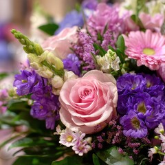 Close-up of a vibrant flower bouquet in pinks and purples
