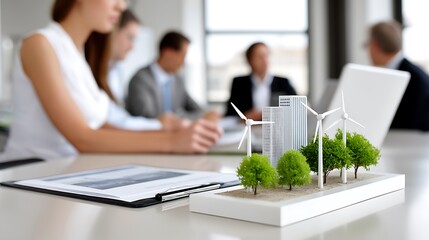 Model of Sustainable City with Wind Turbines and Greenery in Modern Office Setting
