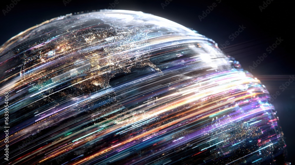 Poster abstract earth globe with light streaks representing global connectivity and data transmission in a 