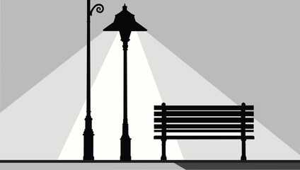 Minimalist Park Scene with Bench and Streetlight Silhouette