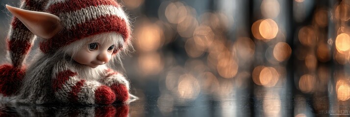 Colorful elf figurine with large ears sits contemplatively among soft glowing lights