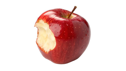 Red apple with bite taken out, showcasing its juicy interior and vibrant skin on a transparent background