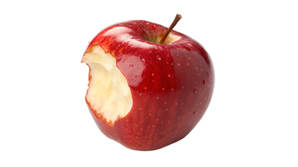Red apple with bite taken out, showcasing its juicy interior and vibrant skin on a transparent background