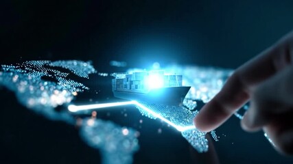 Global Logistics: A digital representation of worldwide shipping, a ship navigates a world map with a touch interaction, symbolizing efficient trade and global connectivity. - Powered by Adobe