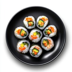 Sushi on a black plate, top view