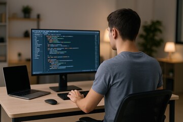 Young Man Coding on Desktop Computer, Software Development, Remote Work, Programmer, Developer