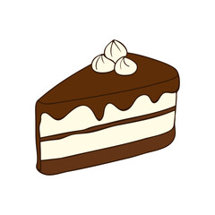 Chocolate cake, piece of festive dessert, cake with cream and decorated with whipped cream. Contour drawing. Isolated on white background.