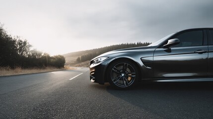 Fototapeta premium Sleek Car on Open Road: A Journey of Automotive Design and Performance Under Cloudy Sky