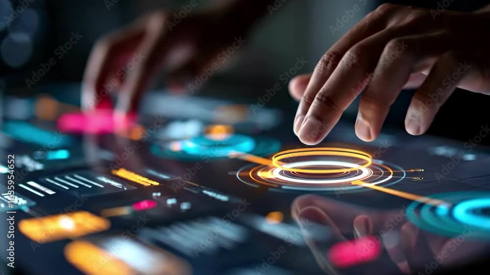 Poster intuitive technology: a close-up view shows a person's hands interacting with an advanced touchscree