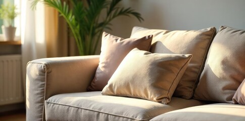 Cozy living room scene featuring a plush, oversized cushion on a comfortable sofa, perfect for relaxing Soft natural light enhances the inviting atmosphere , apartment, fabric, restful