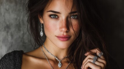 Elegant young woman showcasing intricate jewelry with natural beauty in a softly lit setting