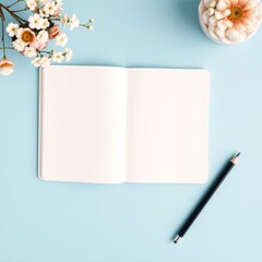 Top above overhead view flat lay photo of a blank notebook and a pencil beside isolated on pastel blue color background with copyspace book mockup blank template professional pres