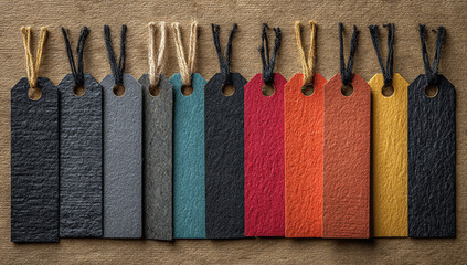 A set of blank tags in various colors, each with a black tag and wooden rope hanging on the side, neatly arranged on a textured background