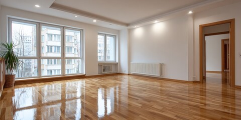 Bright, Modern Living Room with Hardwood Floors and Large Windows, Ready for Interior Design