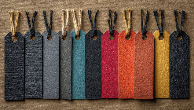 A set of blank tags in various colors, each with a black tag and wooden rope hanging on the side, neatly arranged on a textured background