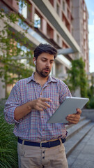 Businessman standing outdoors using tablet with wireless earphones. Concept of remote work, digital...