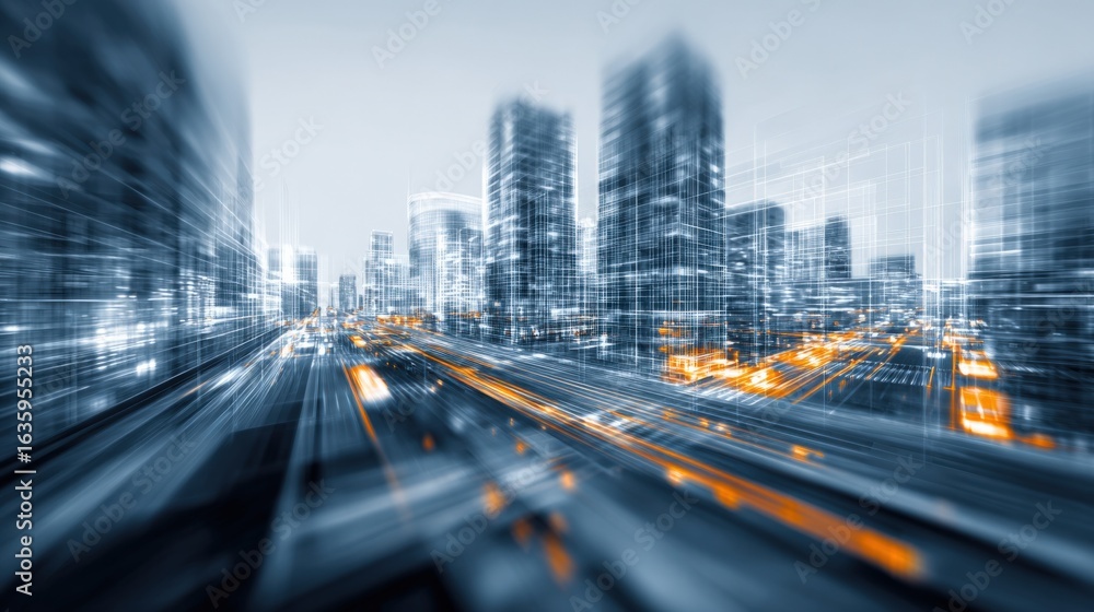 Poster abstract cityscape with motion blur: modern urban development, futuristic architecture, and dynamic 