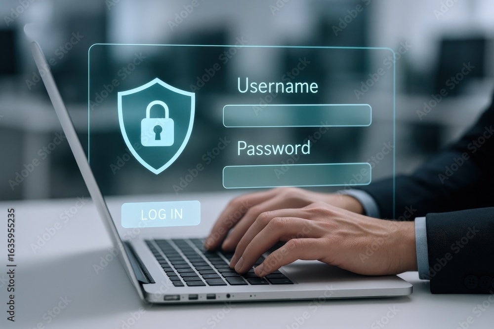 Poster secure login interface on laptop: cybersecurity concept for online data protection and privacy