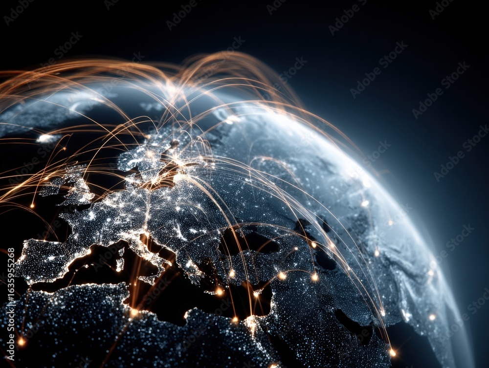 Poster global network connection: digital communication and worldwide connectivity concept with glowing lin