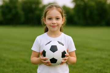 Smiling Little Girl Holding Soccer Ball Outdoors in a Grassy Field, Promoting Youth Sports