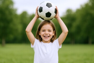 Obraz premium Joyful Girl Holding Soccer Ball Above Head, Standing in Green Field, Smiling Brightly